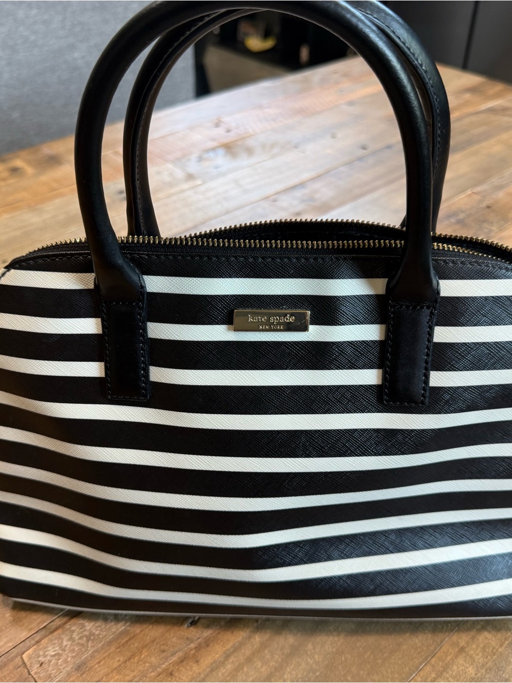 kate spade Black and White Striped Dome Satchel